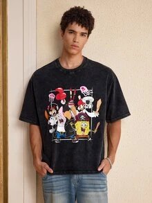 SpongeBob SquarePants | SHEIN Men's Cartoon Print Casual Versatile Daily Short Sleeve T-Shirt - Black - View 3