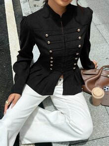 Siren Gaze Autumn/Winter New Vintage Napoleon Style Waist-Cinching Jacket For Women - Black - View 3