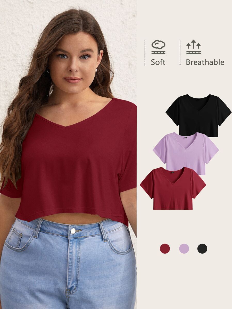 SHEIN BASICS 大尺碼純色V領短版T恤女款夏季上衣套裝 - 酒紅色 - 查看 1