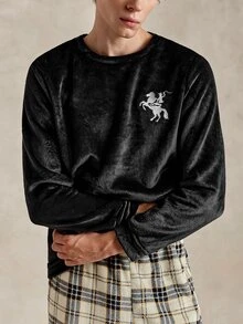 EverLounge Men's Autumn/Winter Minimalist Basic Fashion British Style Black Flannel Embroidered Top & Plaid Long Pants Loungewear Set - Multicolor - View 6