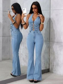 Jeanoix Petite Women's Casual Daily Outing Halter Neck Denim Jumpsuit With Pockets - Light Wash - View 4