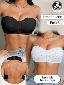 SHEIN Women's Sexy Lace Wireless Front Closure Push-Up Backless Invisible Bra 2pcs/Set - Black and White - View 3