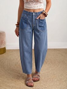 EMERY ROSE Plus Size Women's Pocket Design Striped Casual Loose Fit Denim Jeans - Dark Wash - View 3