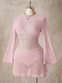 SHEIN ICON 女款大尺碼純色圓領長袖沙灘度假洋裝 秋季 灰粉色 性感 - 藕粉色 - 查看 8