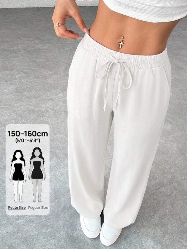 SHEIN PETITE Black Comfortable And Casual Solid Color Knitted Wide-Leg Cotton And Linen Women's Sweatpants