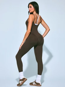 SHEIN Sovereign Charm Contrast Color Slim Fit Spaghetti Strap Sports Jumpsuit - Coffee Brown - View 2