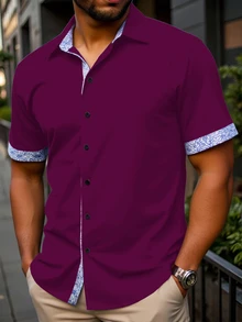Manfinity Homme Men's Plus Size Patchwork Floral Pattern Short Sleeve Shirt - Purple - View 1