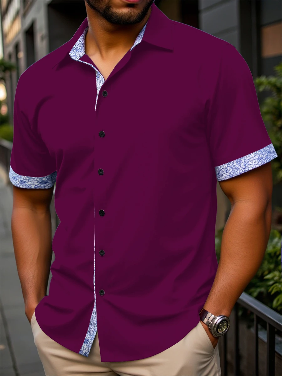 Manfinity Homme Men's Plus Size Patchwork Floral Pattern Short Sleeve Shirt - Purple - View 1