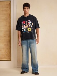 SpongeBob SquarePants | SHEIN Men's Cartoon Print Casual Versatile Daily Short Sleeve T-Shirt - Black - View 5