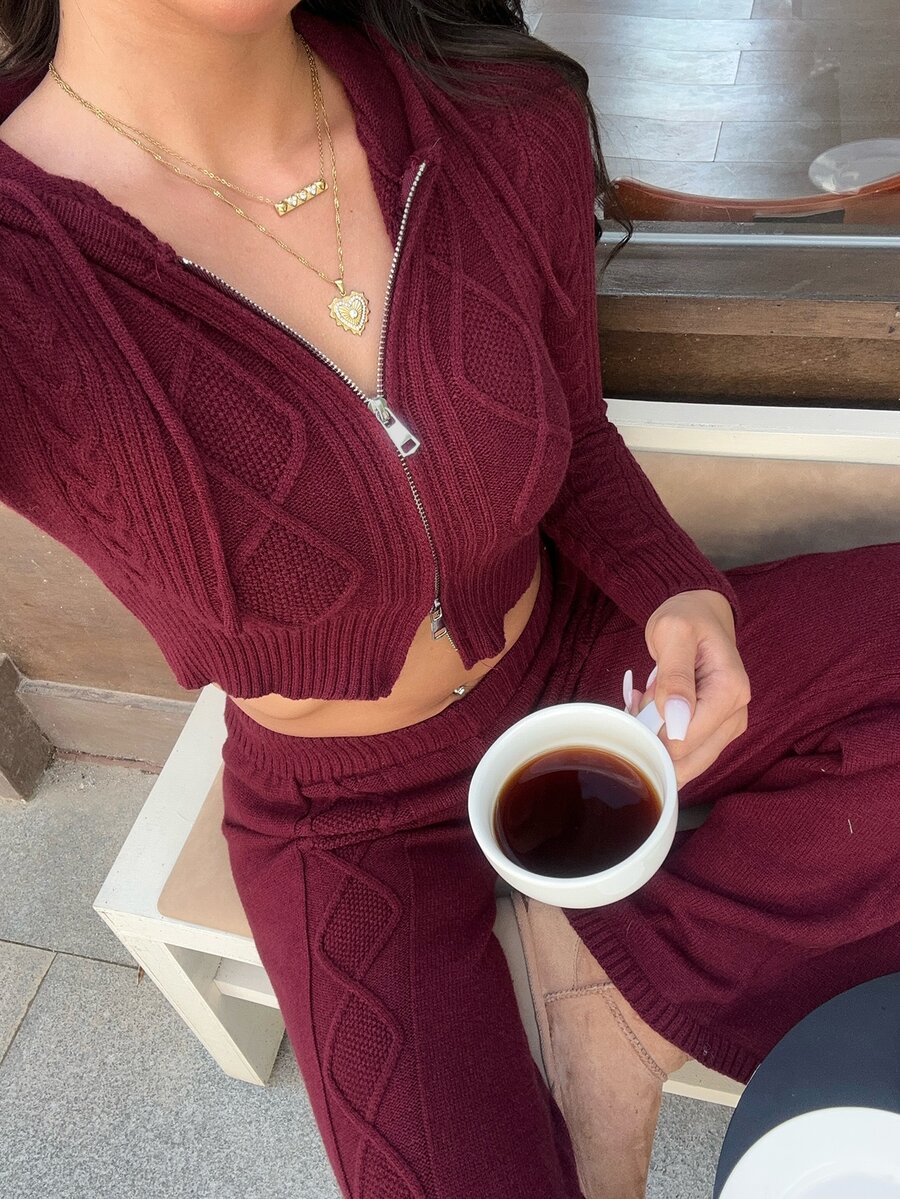 Autumina Women's Fashion Versatile 2 Pieces Set, Cropped Hooded Cardigan & Knit Pants, Casual Commute - Burgundy - View 1