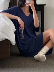 DAZY Minimalist Solid Color Loose V-Neck T-Shirt Style Women's Loungewear Dress Fall - Navy Blue - View 5