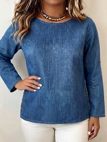 Linhara CURVE Women's Plus Size Denim Effect Print Blue Decorative Button Shirt - Blue - View 4
