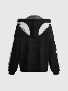 ROMWE Goth Dark Halloween Skeleton Skull Loose Knit Hooded Cardigan - Black and White - View 2