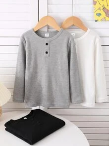 SHEIN 3件組兒童男童休閒舒適風紋理布料木紋細節鈕扣 Polo 衫圓領長袖 T-shirt 多件套裝 3 色各 1 件/組 適合居家休閒外出街拍玩耍 2 件套 - 彩色 - 查看 8