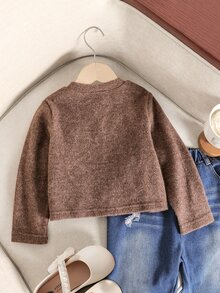 SHEIN 女童軟質紋理麻花編織開襟外套，可愛優雅甜美公主風，百搭時尚外衣，適合春、夏、秋季日常穿著、聚會、派對、出遊、上學 - 棕色 - 查看 2