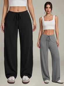 SHEIN PETITE طقم بنطال طويل كاجوال للنساء بخصر برباط محبوك بلونين - الأسود - مشاهدة 7