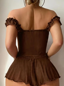 SHEIN Sexy Mesh Off-Shoulder Ruffle Deep V-Neck Tie-Up Dress 2-Piece Set - Brown - View 2