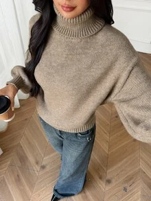 SHEIN PETITE Khaki Turtleneck Long-Sleeve Casual-Chic Commuter Sweater For Petite Women - Khaki - View 6