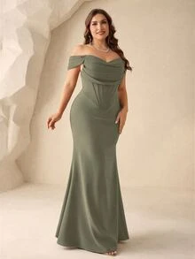 Coutiva 大尺碼伴娘露肩優雅收腰晚禮服 - 綠色 - 查看 7