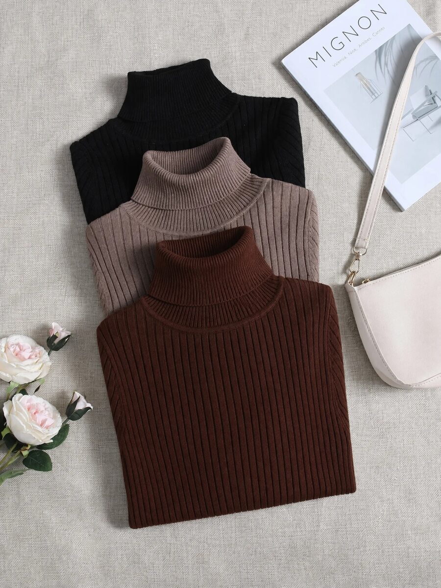 SHEIN LUNE 女款素色高領長袖休閒百搭套頭毛衣 - 棕色 - 查看 1