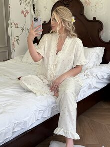 CottageSlumber V-Neck Ruched Lace Romantic Tropical Elegant Tie Short Sleeve Long Pants Plus Size Pajama Set Wedding Bridal Guest Sleep Night Night White Summer - Multicolor - View 6