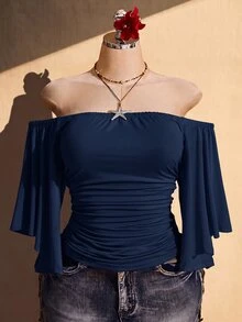 SHEIN ICON 女款大尺碼露肩荷葉袖時尚百褶上衣 - 藏蓝色 - 查看 9