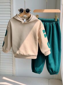 SHEIN 中性嬰兒男孩/女孩幼童 2件組秋冬保暖內裡加厚休閒時尚後背標語圖案連帽衛衣套裝，嬰兒冬季服飾運動套裝，聖誕 - 墨綠色 - 查看 2