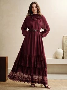 SHEIN Women's Small Stand Collar Chiffon Woven Multi-Layer Ruffle Design Loose Fit Elegant Date Long Dress - Burgundy - View 6