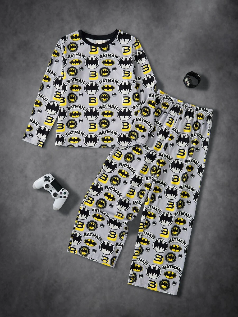 BATMAN X SHEIN 青少年男孩蝙蝠印花上衣與長褲居家休閒服 - 灰色 - 查看 1
