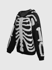 ROMWE Goth Dark Halloween Skeleton Skull Loose Knit Hooded Cardigan - Black and White - View 3