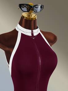 Amplova Women's Colorblock Backless Halter Neck Athletic Romper - Burgundy - View 5