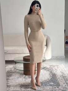 NOVVYNE Women's Knitted Stand Collar Metal Decor Fitted Bodycon Sweater Dress - Khaki - View 6