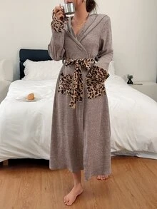 Napfluff Lazy Hooded Loungewear Robe, Contrast Leopard Print Pocket Patchwork Design, Comfortable Long Sleeve Tie-Front Home Pajamas Bathrobe For Autumn/Winter - Multicolor - View 7