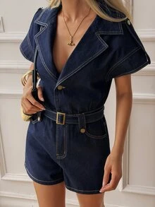 DAZY Women's Casual Washed Denim Overalls And Romper - Dark Wash - View 5