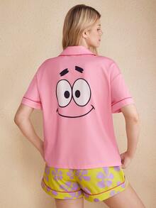 SpongeBob SquarePants | SHEIN 女款卡通印花短袖上衣與短褲休閒居家睡衣套裝 - 淺粉色 - 查看 2