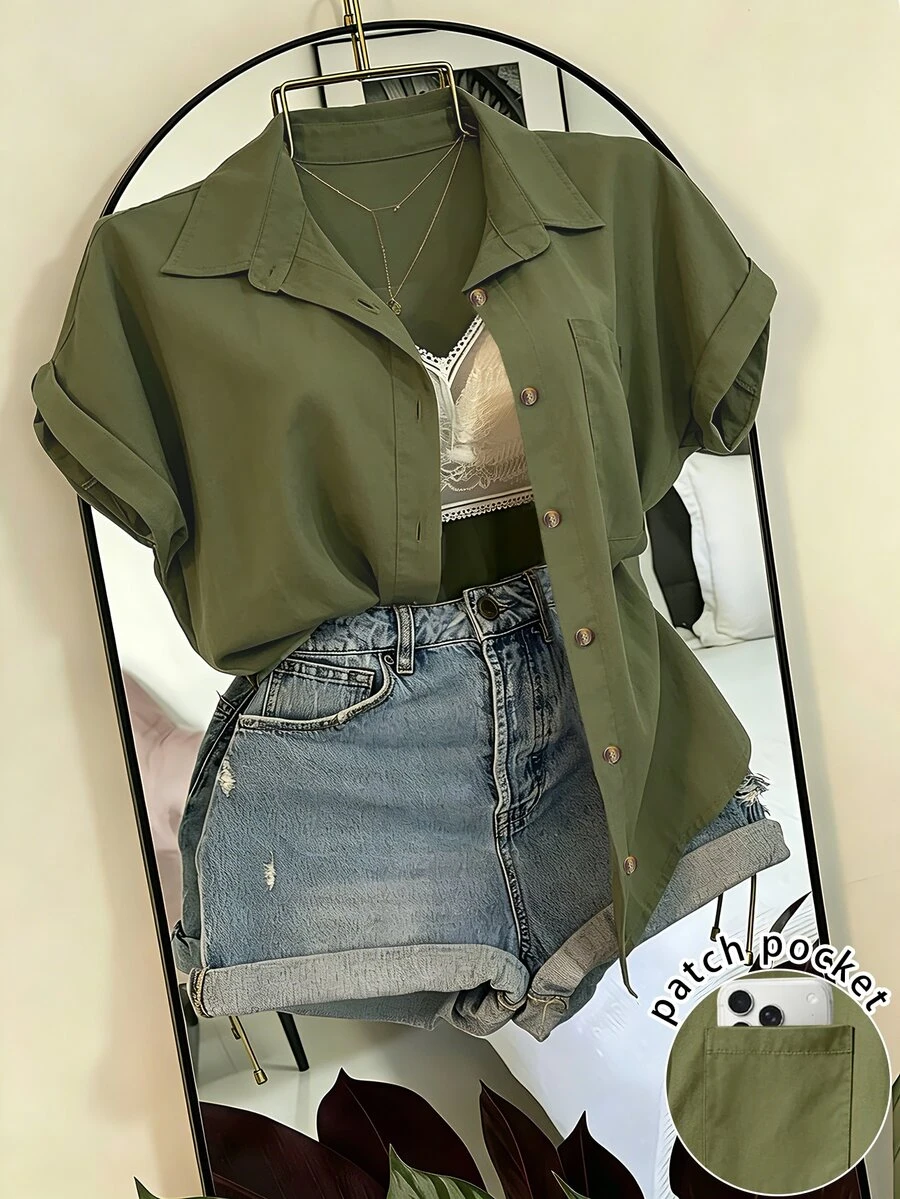 Franclia Plus Size Contrast Color Vertical Striped Turn-Down Collar Rolled Hem Short Sleeve Shirt - Army Green - View 1