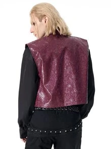 ROMWE MEN Casual Men's Solid Color PU Leather Fashion Versatile Suit Vest - Burgundy - View 3