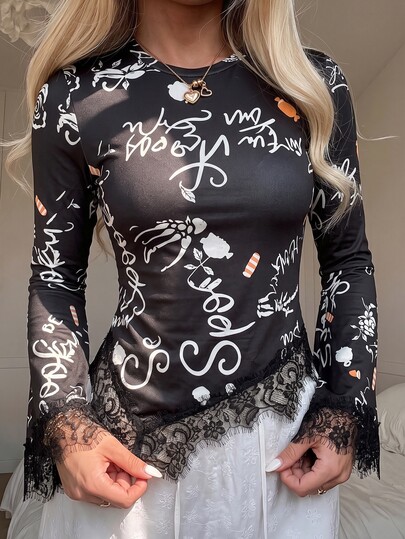 SHEIN Regular Women's Long Sleeve T-Shirt, Fashionable Printed Fabric, Color Block Lace Trim, Slim Fit, Elegant, Commute, Date, Party, Bell Long Sleeve, Cuff Lace Trim