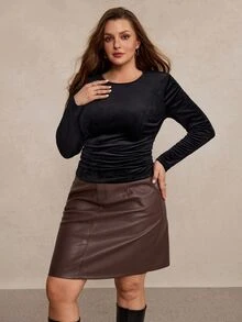 Freevana 女款大尺碼百搭保暖內層打底T恤，純黑色，側腰抽褶設計，彈性修身，舒適柔軟，適合日常穿著，秋冬女裝 - 黑色 - 查看 5