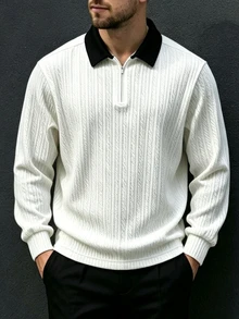 Manfinity Dauomo Men's Contrast Color Lapel Zipper Design Long Sleeve Business Casual T-Shirt - White - View 5