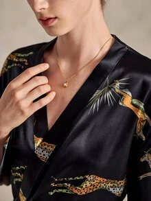 EverLounge Leopard Print Faux Silk Women's Long Sleeve Robe - Black - View 7