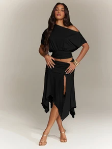 Denimoi 2 Pieces Set Asymmetrical Skirt And Off Shoulder Top Matching Set Vacation Outfits Brunch Summer - Black - View 3