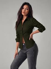 SHEIN PETITE 1pc Women's Solid Color Button Front Long Sleeve Casual Blouse - Army Green - View 12