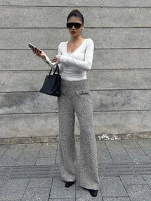 Livesso Women's Elegant Business Casual Wide Leg Loose Long Pants With Faux Pocket Design Fall Work Office Black And White - Dark Grey - View 4