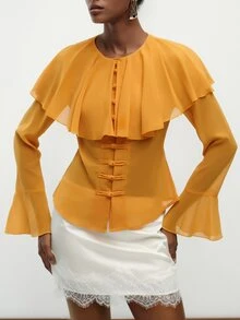 Aveloria Modichic Blus Wanita Lengan Panjang Elegan Warna Kuning Keemasan Polos Bahan Chiffon dengan Kerah Syal, Kancing Katak Cina, Manset Bergelombang, dan Pinggang Terikat, Cocok untuk Acara Brunch di Musim Panas. - Kuning - View 5