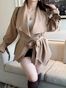 Vibekara Plus Size Asymmetrical Vintage Lapel Collar Short Trench Coat Jacket Fall - Brown - View 4