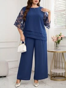 Reflora Plus Size Fashion Asymmetrical Hem Top And Loose Long Pants 2 Pieces Set - Navy Blue - View 5