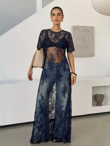 Chikora 大尺碼女款性感透視網紗洋裝 - 藏蓝色 - 查看 6