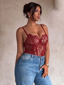 Firerie Plus Size Sexy Lace Boning Slim Fit Bodysuit For Hot Girls - Burgundy - View 4