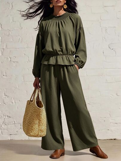 Breezaya Women's Army Green Ruched Neckline Long Sleeve Elastic Waist Top + Wide Leg Pants Set, Design-Driven High-End Elegant Elegant Birthday Gift, Date Party Carnival Music Festival Cocktail Party High-Aura Outfit, Travel Vacation Street Photography Atmosphere Outfit, Spring Summer Autumn Set New Must-Have Fashion Versatile Niche Design Two Pieces Set